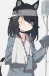  1girl absurdres animal_ears arm_sling bandage_over_one_eye bandaged_head bandages bandaid bandaid_on_face black_hair cat_ears cat_girl cat_tail frown gauze glaring highres hospital_gown intravenous_drip iv_stand messy_hair original satou_(3366_s) sketch sleeves_past_fingers sleeves_past_wrists tail 
