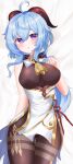  1girl absurdres ahoge ass_visible_through_thighs bangs bare_arms bed_sheet bell black_legwear blue_hair blush bodystocking bodysuit breasts chinese_knot eyebrows_visible_through_hair flower_knot ganyu_(genshin_impact) genshin_impact gold_trim highres horns large_breasts long_hair looking_at_viewer lying min1910 neck_bell no_gloves on_back parted_lips sidelocks sleeveless solo thigh_gap thighlet violet_eyes 