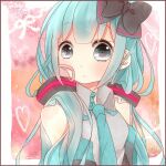 1girl alternate_hairstyle aqua_eyes aqua_hair bad_id bad_pixiv_id bow detached_sleeves grey_shirt hair_bow hatsune_miku heart heart_background looking_at_viewer low_twintails necktie shiki_hinako shirt sleeveless sleeveless_shirt solo twintails upper_body vocaloid 