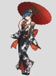  1girl absurdres blue_eyes blue_hair breasts byleth_(fire_emblem) byleth_eisner_(female) collarbone commentary eyebrows_visible_through_hair fire_emblem fire_emblem:_three_houses flower full_body grey_background hair_between_eyes hair_bun hair_flower hair_ornament highres holding holding_umbrella looking_at_viewer medium_breasts mixed-language_commentary sandals silvercandy_gum simple_background solo standing umbrella watermark 