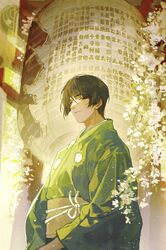  1boy bangs branch brown_hair closed_mouth day flower from_below green_kimono highres ishikirimaru japanese_clothes kimono lantern light_particles long_sleeves looking_at_viewer looking_down male_focus mirror_aurora_0 paper_lantern plant short_hair sidelocks smile solo touken_ranbu upper_body violet_eyes wide_sleeves 