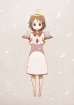  1girl :&gt; angel_wings barefoot black_eyes brown_hair closed_mouth commentary_request dress falling_feathers full_body haibane_renmei halo highres interlocked_fingers light_blush long_dress looking_at_viewer messy_hair necktie orange_sailor_collar own_hands_together partial_commentary rakka_(haibane) red_necktie sailor_collar short_hair smile solid_circle_eyes solo takurada white_dress wings 
