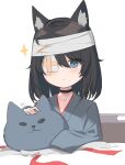  1girl animal_ear_fluff animal_ears bandage_over_one_eye bandaged_head bandages bed black_hair blue_eyes cat_ears cat_girl expressionless highres hospital_bed hospital_gown on_bed original satou_(3366_s) short_hair sketch sleeves_past_fingers sleeves_past_wrists stuffed_animal stuffed_cat stuffed_toy 