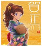  1girl 2019 alternate_hairstyle amanogawa_kirara animal artist_request boar brown_hair earrings eyelashes go!_princess_precure hair_ornament hair_up happy holding japanese_clothes jewelry kimono long_hair orange_background ponytail precure signature smile solo source_request standing star_(symbol) star_earrings translation_request violet_eyes 