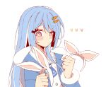  1girl animal_ears bangs blue_hair blue_jacket blush carrot_hair_ornament closed_mouth commentary english_commentary fake_animal_ears food-themed_hair_ornament hair_ornament hairband_removed hands_up highres hololive jacket long_hair no_ears pink_eyes rabbit_ears simple_background solo symbol-shaped_pupils thick_eyebrows unexistarts upper_body usada_pekora virtual_youtuber white_background 