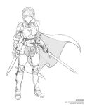  1girl armor artist_name braid breastplate cape commentary eyebrows_visible_through_hair fire_emblem fire_emblem:_three_houses full_body gauntlets gofelem hair_bun high_heels highres holding holding_sword holding_weapon leg_armor looking_at_viewer marianne_von_edmund plate_armor sheath shoulder_armor simple_background sketch solo standing sword twitter_username unfinished watermark weapon white_background 