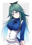  1girl arms_behind_back black_ribbon blue_shirt breasts casual collared_shirt crossed_arms frills gradient gradient_background green_eyes green_hair grey_background hachiware_(8ware63) hair_flaps hair_ribbon highres kantai_collection long_hair long_sleeves medium_breasts neckerchief official_alternate_costume ponytail ribbon shirt signature skirt solo suspender_skirt suspenders twitter_username white_background white_skirt yamakaze_(kancolle) 
