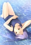  1girl arm_up bangs bare_arms bare_legs bare_shoulders barefoot blue_swimsuit breasts brown_eyes commentary_request highres knees_up long_hair lying old_school_swimsuit on_back one-piece_swimsuit original purple_hair school_swimsuit shallow_water shibacha small_breasts solo swimsuit water wet 