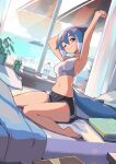  1girl absurdres armpits arms_up azuumori bangs barefoot beach bed black_shorts blue_hair book bottle breasts closed_mouth clouds cloudy_sky commentary day dolphin_shorts dutch_angle english_commentary fish_tail full_body gym_shorts hair_between_eyes highres horizon light_smile linea_alba looking_at_viewer medium_breasts medium_hair multicolored_hair navel ocean on_bed one_eye_closed original pillow plant potted_plant red_eyes sand shark_girl shark_girl_(azuumori) shark_tail shorts sidelocks sitting sky solo sports_bra stretch tail thick_eyebrows two-tone_hair wariza water_bottle white_curtains white_hair white_sports_bra window 