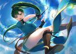  1girl bangs black_gloves blue_sky boots breasts clouds cloudy_sky commentary_request day dress earrings fingerless_gloves fire_emblem fire_emblem:_the_blazing_blade gloves green_eyes green_hair hair_ornament holding holding_sword holding_weapon jewelry knee_boots long_hair lyn_(fire_emblem) medium_breasts open_mouth outdoors pelvic_curtain ponytail short_sleeves signature simple_background sky solo sword thighs weapon yukimiyuki 