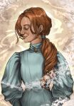  aged_up alternate_costume alternate_hairstyle capella closed_eyes earrings long_hair magicky-hands mistress_(pathologic) pathologic pathologic_2 pendant ponytail red_hair smile teal_dress termites 