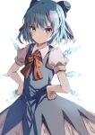  1girl bangs blue_bow blue_dress blue_eyes blue_hair bow cirno collared_shirt commentary dress eyebrows_visible_through_hair frown hair_bow hands_on_hips highres ice ice_wings looking_at_viewer natsume_suzuri neck_ribbon puffy_short_sleeves puffy_sleeves red_ribbon ribbon shirt short_hair short_sleeves solo touhou white_background white_shirt wings worried 