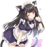  1girl ;) animal_ear_fluff animal_ears apron bangs bent_over black_bow black_dress black_hair blue_bow blue_bowtie blue_dress blunt_bangs blush bow bowtie breasts cat_ears cat_girl cat_tail closed_mouth collared_dress commentary_request commission dress frilled_apron frilled_dress frills hair_bow hair_ornament hair_over_shoulder hairclip hand_up heart highres leaning_forward long_hair looking_at_viewer maid maid_headdress one_eye_closed original paw_pose pink_bow pink_eyes puffy_short_sleeves puffy_sleeves purinpurin red_bow red_eyes shiny shiny_hair short_dress short_sleeves simple_background skeb_commission small_breasts smile solo standing tail tail_bow tail_ornament two-tone_dress very_long_hair white_apron white_background white_dress wrist_cuffs 