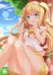  1girl :d bangs blonde_hair blue_eyes blue_sky blush breasts clouds commentary_request day eyebrows_visible_through_hair feet_out_of_frame fujisawa_yuzu hair_between_eyes hands_up highres knees_together_feet_apart knees_up long_hair looking_at_viewer medium_breasts ongeki outdoors shirt short_sleeves skirt sky smile solo tree two_side_up very_long_hair white_shirt yellow_skirt zenon_(for_achieve) 