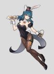  1girl absurdres animal_ears blue_eyes blue_hair bow breasts byleth_(fire_emblem) byleth_eisner_(female) cake cake_slice commentary covered_navel cup cupcake detached_collar detached_sleeves eyebrows_visible_through_hair fake_animal_ears fake_tail fire_emblem fire_emblem:_three_houses food full_body grey_background hat high_heels highres leotard medium_breasts medium_hair mini_hat mixed-language_commentary pantyhose plate playboy_bunny rabbit_ears rabbit_tail short_sleeves silvercandy_gum simple_background solo strapless strapless_leotard tail teacup thigh_strap watermark wrist_cuffs 