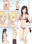  1boy 1girl ass barefoot bikini black_hair blonde_hair blue_eyes blue_sky blush breasts cloud_strife clouds cloudy_sky couple english_text final_fantasy final_fantasy_vii final_fantasy_vii_remake large_breasts long_hair looking_at_another low-tied_long_hair midriff navel perlmuttt red_eyes sky speech_bubble spiky_hair swimsuit tifa_lockhart topless_male 