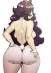  1girl absurdres ahoge alternate_breast_size animal_ears ass backless_outfit black_bow black_bowtie bow bowtie breasts curvy doublehero facing_away fake_animal_ears fake_tail from_behind hand_on_hip hand_on_own_ass hex_maniac_(pokemon) high_heels highres huge_breasts long_hair looking_at_viewer looking_back pantyhose playboy_bunny pokemon pokemon_(game) pokemon_xy purple_hair purple_legwear rabbit_ears rabbit_tail sideboob tail thick_thighs thighs very_long_hair violet_eyes wrist_cuffs 