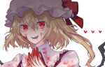  1girl ascot bangs blonde_hair blood blood_from_mouth blood_on_clothes blood_on_face blood_on_hands blood_stain collared_shirt commentary flandre_scarlet frilled_shirt_collar frills hair_between_eyes hat hat_ribbon heart looking_at_viewer medium_hair miko_(miko030751) mob_cap one_side_up portrait puffy_short_sleeves puffy_sleeves red_eyes red_nails red_ribbon red_vest ribbon shirt short_sleeves slit_pupils smile solo teeth touhou upper_teeth vampire vest white_background white_headwear wings yellow_ascot 