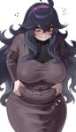  1girl @_@ absurdres ahoge alternate_breast_size bangs belly belly_grab black_hair blush breasts dress hair_between_eyes hairband hex_maniac_(pokemon) highres huge_breasts long_hair messy_hair nia_(nia4294) pinching plump pokemon purple_hairband solo tight tight_dress violet_eyes weight_conscious 