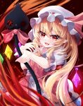  1girl :d absurdres ascot bangs blonde_hair blush bow crystal eyebrows_visible_through_hair fang fangs flandre_scarlet frilled_shirt_collar frills hair_between_eyes hat hat_ribbon highres holding holding_polearm holding_weapon laevatein_(touhou) long_hair looking_at_viewer mob_cap one_side_up open_mouth pointy_ears polearm puffy_short_sleeves puffy_sleeves red_eyes red_ribbon red_skirt red_vest ribbon s_vileblood shirt short_sleeves skin_fangs skirt smile solo touhou vest weapon white_headwear white_shirt wings 
