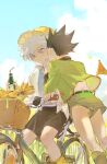  2boys basket belt bicycle black_hair blue_eyes blue_sky blush brown_shorts clouds cloudy_sky commentary_request drink drinking_straw faceless faceless_male flag gon_freecss green_jacket green_shorts ground_vehicle hat holding holding_drink hunter_x_hunter jacket killua_zoldyck koy8frqryzjmxxy male_focus multiple_boys riding shirt short_hair shorts sitting sky soda_bottle spiky_hair whispering white_hair white_shirt 