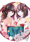  2girls alternate_costume black_hair brown_hair choukai_(kancolle) floral_print glasses green_eyes green_hakama hair_ornament hakama highres japanese_clothes kantai_collection kimono long_hair makina00 maya_(kancolle) multiple_girls pink_kimono print_kimono red_eyes semi-rimless_eyewear short_hair smile under-rim_eyewear x_hair_ornament yellow_kimono 