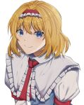  1girl alice_margatroid ascot bangs blonde_hair blue_dress blue_eyes blush capelet closed_mouth dress eyebrows_visible_through_hair eyelashes frilled_ascot frilled_capelet frilled_hairband frills hair_between_eyes hairband highres jingai_(k1bun) looking_at_viewer puffy_short_sleeves puffy_sleeves red_ascot red_hairband short_hair short_sleeves simple_background smile solo touhou upper_body white_background 