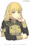  1girl artist_name blonde_hair breasts commentary eyebrows_visible_through_hair fire_emblem fire_emblem:_three_houses garreg_mach_monastery_uniform gofelem green_eyes ingrid_brandl_galatea long_hair long_sleeves looking_at_viewer simple_background solo unfinished watermark white_background 