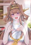  1girl absurdres ahoge blurry blurry_background brown_hair cup double_bun hairband headgear highres japanese_clothes kantai_collection kongou_(kancolle) kongou_kai_ni_(kancolle) long_hair looking_at_viewer open_mouth round_teeth shamo_(ptwmjgda) smile solo steam teacup teeth upper_body upper_teeth 