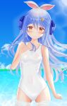  1girl absurdres bangs bare_arms blue_hair blue_ribbon blue_sky blush bow breasts carrot_hair_ornament casual_one-piece_swimsuit closed_mouth clouds collarbone day floating_hair food-themed_hair_ornament hair_between_eyes hair_bow hair_ornament hair_ribbon highres hololive long_hair looking_at_viewer ocean one-piece_swimsuit orange_eyes outdoors ribbon shiny shiny_hair sky small_breasts smile solo standing surgate_matias swimsuit usada_pekora very_long_hair virtual_youtuber wading white_swimsuit 
