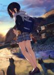  1girl animal animal_ears bag bangs bare_legs black_hair blue_bag blue_skirt blue_sky brown_footwear buttons cat clouds cloudy_sky commentary_request food from_behind full_body grass hair_ornament hand_up holding holding_food kamizaki_hibana long_sleeves medium_hair no_socks original outdoors pink_eyes pleated_skirt river rock scarf school_bag school_uniform short_twintails sidelocks skirt sky solo_focus stairs standing sunset sweater tail tree twintails white_scarf yellow_sweater 