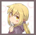  1girl :&gt; black_serafuku blonde_hair candy_wrapper commentary_request kantai_collection looking_at_viewer low_twintails mouth_hold satsuki_(kancolle) school_uniform serafuku solo twintails upper_body ver_norma2 yellow_eyes 