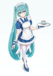  1girl absurdres apron blue_eyes blue_hair bridal_gauntlets commentary_request cup eyebrows_visible_through_hair full_body hair_between_eyes hatsune_miku highres long_hair looking_at_viewer maid maid_apron maid_headdress nekoinu_bamboo plate short_sleeves simple_background smile solo teacup thigh-highs tray twintails very_long_hair vocaloid white_background zettai_ryouiki 