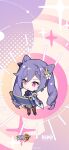  1girl chibi crossover earrings full_body genshin_impact gloves hair_ornament highres honkai_(series) honkai_impact_3rd jewelry keqing_(genshin_impact) long_hair looking_to_the_side mihoyo_technology_(shanghai)_co._ltd. official_art official_wallpaper pink_eyes purple_gloves purple_hair standing twintails 