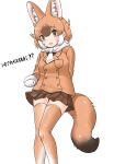  1girl animal_ears black_shirt blush brown_eyes brown_hair brown_legwear brown_skirt commentary cosplay cowboy_shot dhole_(kemono_friends) dog_ears dog_girl dog_tail extra_ears fur_trim gloves highres island_fox_(kemono_friends) island_fox_(kemono_friends)_(cosplay) jacket kemono_friends light_brown_hair long_sleeves looking_at_viewer multicolored_hair necktie orange_jacket pleated_skirt scarf shirt short_hair skirt solo tail thigh-highs translation_request uf34a white_fur white_gloves white_hair white_necktie white_scarf zettai_ryouiki 