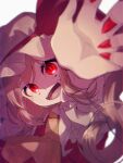  1girl :d ascot blonde_hair blurry collared_shirt commentary depth_of_field fingernails flandre_scarlet foreshortening frilled_shirt_collar frills hat hat_ribbon head_tilt highres kotsubunatto2525 long_hair looking_at_viewer nail_polish open_mouth puffy_short_sleeves puffy_sleeves reaching_out red_eyes red_nails red_ribbon red_vest ribbon shirt short_sleeves smile solo teeth touhou upper_body vest white_headwear white_shirt yellow_ascot 