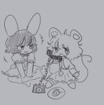  2girls animal_ears carrot cheese dress food holding holding_phone inaba_tewi melansoda monochrome mouse_ears mouse_tail multiple_girls nazrin on_floor phone pinafore_dress plate rabbit_ears rabbit_tail rotary_phone sitting tail touhou 