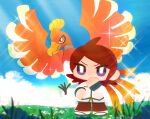  1girl bangs bird blue_sky blurry blurry_foreground brown_shirt chibi clouds commentary_request day depth_of_field eyebrows_visible_through_hair flower grass hand_up ho-oh jacket kiduta_cielo looking_at_viewer outdoors pants parted_bangs pokemon pokemon_(game) pokemon_masters_ex red_eyes red_pants redhead shirt silver_(pokemon) sky sparkle standing v-shaped_eyebrows violet_eyes white_flower white_jacket 