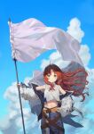  1girl absurdres ahoge arknights bangs bare_shoulders blue_sky closed_mouth clouds collarbone commentary_request cowboy_shot crop_top day detached_collar english_commentary flag hand_on_hip hand_up highres holding holding_flag jacket long_hair long_sleeves looking_at_viewer messy_hair midriff myrtle_(arknights) navel off_shoulder open_clothes open_jacket pants pointy_ears revision shirt sidelocks sky smile solo standing uh9 white_shirt wide_sleeves 