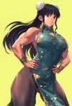  1girl abs bangs black_eyes black_hair bracelet breasts bun_cover china_dress chinese_clothes cleavage_cutout clothing_cutout double_bun dress hair_bun hands_on_hips highres jewelry large_breasts long_hair mikel_(4hands) muscular muscular_female original thick_thighs thigh-highs thighs 