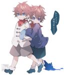  2boys azuma_(azuma10270724) bandaid bandaid_on_cheek bandaid_on_face bangs blue_eyes brown_hair child closed_mouth dual_persona genshin_impact hair_between_eyes holding holding_stuffed_toy male_focus multiple_boys red_scarf scarf shorts simple_background speech_bubble stuffed_animal stuffed_toy tartaglia_(genshin_impact) tears translation_request twitter_username violet_eyes walking white_background younger 