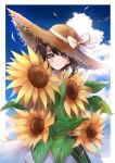  1girl absurdres bangs black_hair blue_sky clouds cloudy_sky dress flower green_eyes hat highres holding holding_flower hololive looking_at_viewer mashiro_io oozora_subaru open_mouth outdoors short_hair sky solo straw_hat sundress sunflower virtual_youtuber white_dress 