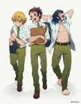  3boys :d abs agatsuma_zenitsu arms_behind_back arms_up bag baguette bangs barefoot blonde_hair blue_hair bob_cut bread brown_eyes brown_hair closed_eyes collared_shirt dalc_rose dress_shirt earrings food full_body green_necktie green_pants hashibira_inosuke highres holding holding_bag jewelry kamado_tanjirou kimetsu_gakuen kimetsu_no_yaiba looking_at_another looking_away looking_to_the_side male_focus multiple_boys necktie open_clothes open_mouth open_shirt pants paper_bag profile puckered_lips scar scar_on_face scar_on_forehead school_bag school_uniform shadow shirt short_hair short_sleeves sideways_glance simple_background smile tongue twitter_username untucked_shirt walking white_shirt yawning yellow_eyes 