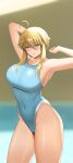  1girl ahoge armpits arms_up artoria_pendragon_(fate) artoria_pendragon_(lancer)_(fate) blonde_hair blue_swimsuit blurry blurry_background braid braided_bun breasts collarbone colored_eyelashes competition_swimsuit covered_navel eyebrows_visible_through_hair fate/grand_order fate_(series) green_eyes hair_between_eyes hair_bun highres higofushi large_breasts long_hair looking_at_viewer one-piece_swimsuit open_mouth solo swimsuit 