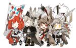  4girls :d ;q =3 animal_ears arknights armor ashlock_(arknights) black_footwear black_gloves black_skirt boots brown_eyes brown_hair chibi ear_covers ear_tag fartooth_(arknights) feather_hair flag flametail_(arknights) full_body gloves grey_hair hand_on_hip hand_up highres holding holding_flag holding_knife holding_polearm holding_weapon horse_ears horse_girl horse_tail jitome knife lance licking_lips long_hair looking_at_viewer mechanical_owl multiple_girls one_eye_closed open_mouth pleated_skirt polearm red_eyes redhead shirt short_hair_with_long_locks sign simple_background skirt smile sparkle squirrel_ears squirrel_girl tail thigh-highs thigh_strap thumbs_up tongue tongue_out visor_(armor) visor_lift walking weapon white_background white_gloves white_legwear white_shirt wild_mane_(arknights) yellow_eyes 
