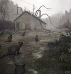  absurdres cat commentary english_commentary forest grass highres horror_(theme) nature no_humans original outdoors power_lines shack signature stefan_koidl tentacles utility_pole 