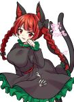  1girl animal_ears black_bow bow braid breasts cat_ears cat_tail cowboy_shot dress frilled_dress frills green_dress hair_bow kaenbyou_rin large_breasts long_hair long_sleeves looking_at_viewer mio1030 multiple_tails nekomata red_eyes redhead solo tail touhou twin_braids two_tails white_background 