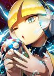  aqua_eyes bangs bare_arms black_choker black_headwear blonde_hair blunt_bangs choker dress elesa_(pokemon) headphones highres nkyoku one_eye_closed poke_ball poke_ball_(basic) pokemon pokemon_(game) pokemon_bw short_dress short_hair skirt yellow_dress yellow_skirt 