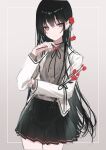 1girl a20_(atsumaru) absurdres arm_under_breasts black_hair black_ribbon black_skirt blazer blush breast_pocket breasts brown_shirt closed_mouth collared_shirt dress_shirt eyebrows_visible_through_hair flower hair_flower hair_ornament hair_ribbon hand_up highres holding holding_flower jacket long_hair looking_at_viewer mole mole_under_eye original pleated_skirt pocket red_eyes ribbon rose school_uniform shiny shiny_hair shirt simple_background skirt small_breasts smile solo straight_hair white_jacket white_ribbon 