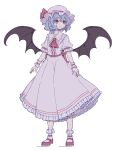  1girl absurdres ascot bad_link bat_wings brooch frills full_body hat hat_ribbon highres jewelry kame_(kamepan44231) looking_at_viewer mob_cap puffy_short_sleeves puffy_sleeves red_eyes red_ribbon remilia_scarlet ribbon short_hair short_sleeves skirt smile socks solo touhou wings wrist_cuffs 
